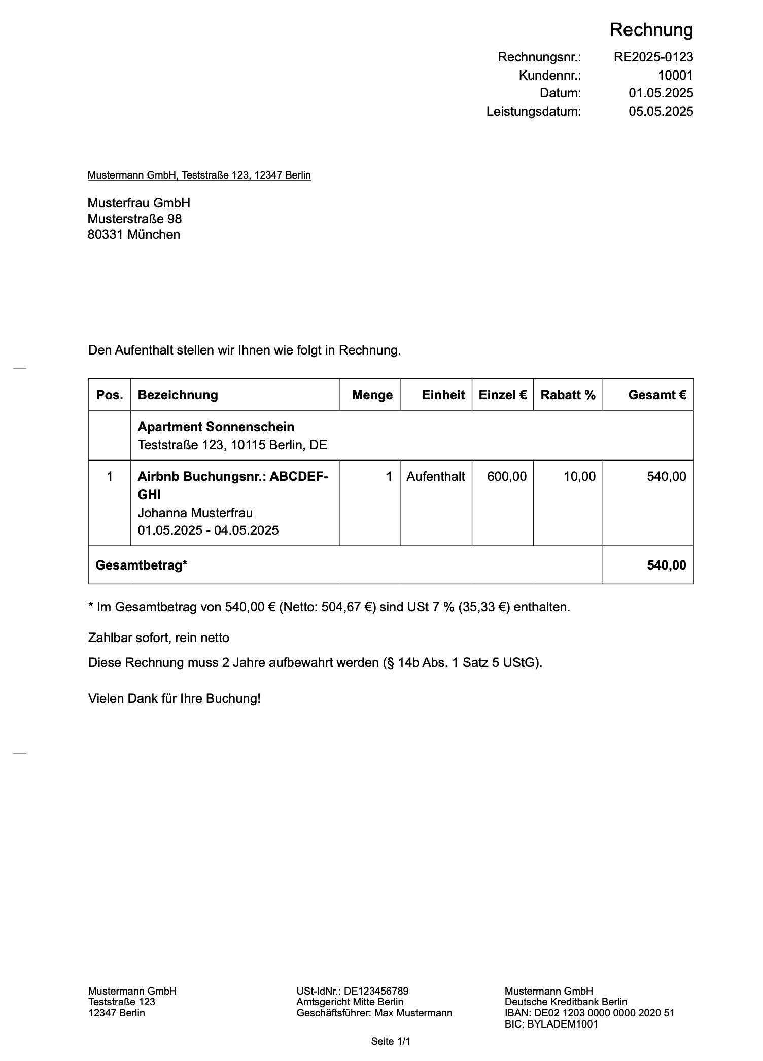 Beispielrechnung mit den Pflichtangaben nach § 14 UStG