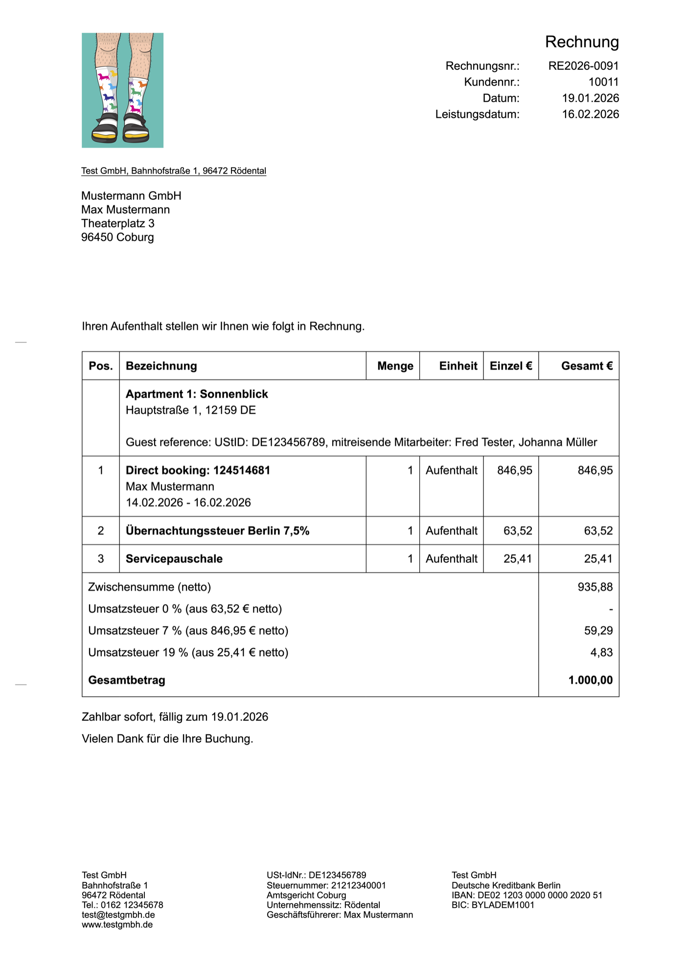 Beispielrechnung für eine Ferienwohnung mit allen Pflichtangaben nach § 14 UStG