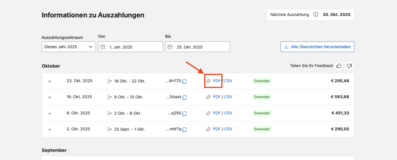 Booking-Extranet: Auszahlungsberichte unter Finanzen, dann Informationen zu Auszahlungen herunterladen