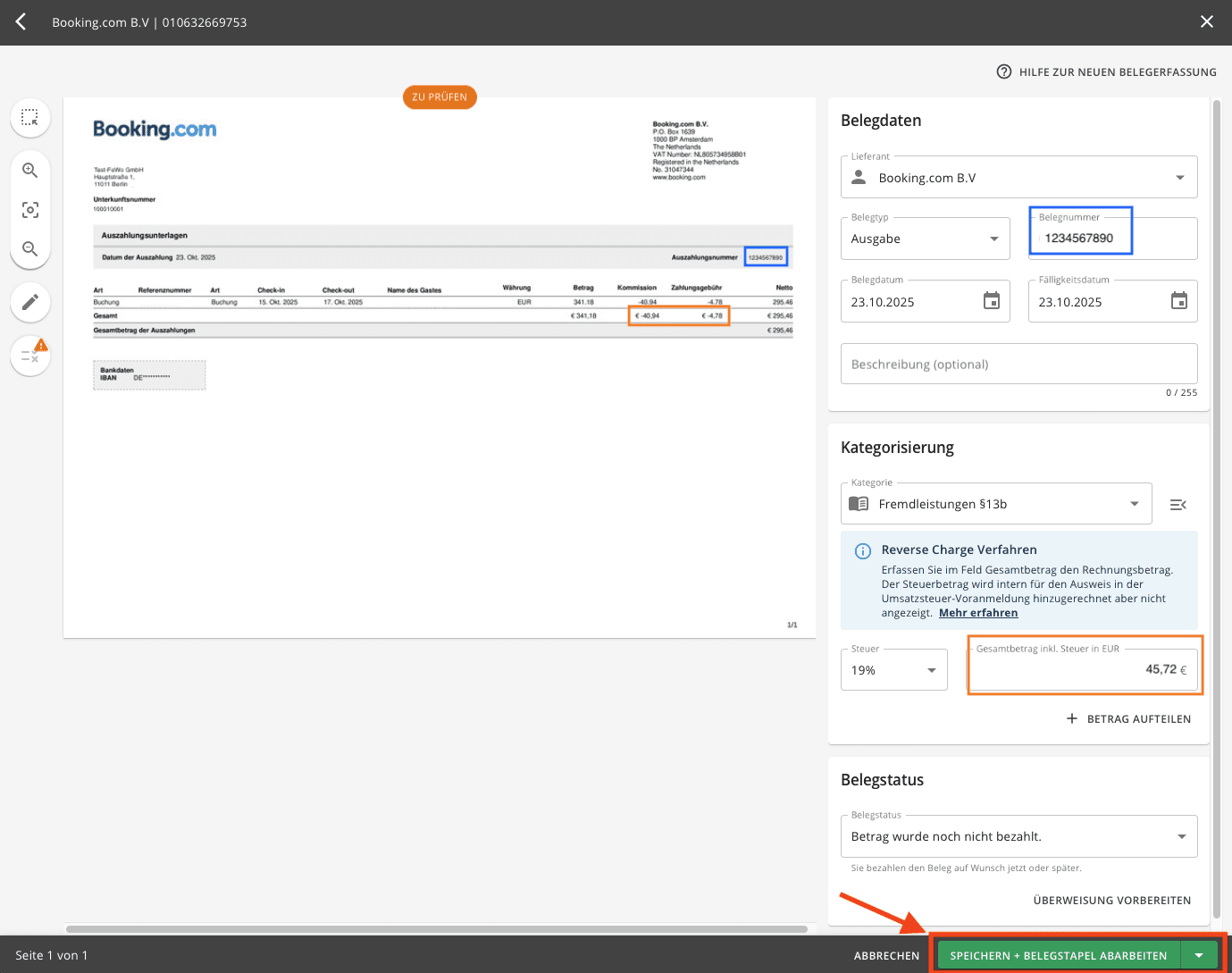 Lexware Office: Belegnummer und Kategorie Fremdleistungen § 13b für die Booking-Rechnung wählen