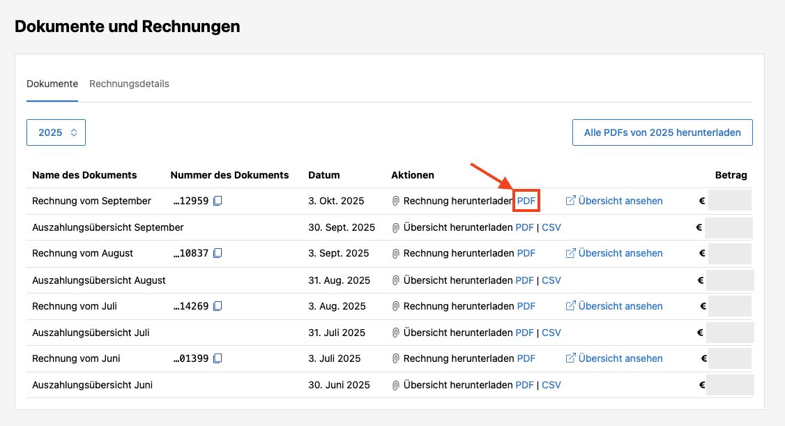 Booking-Extranet: Provisionsrechnungen unter Finanzen, dann Dokumente und Rechnungen herunterladen