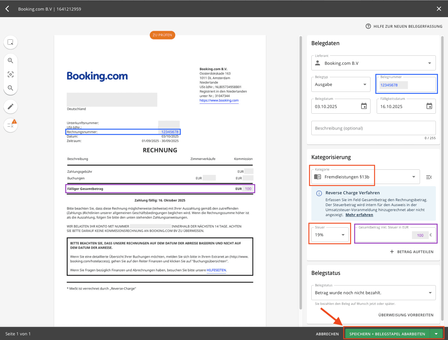 Lexware Office: Booking-Provisionsrechnung als Fremdleistung § 13b mit Nettobetrag und 19 Prozent erfassen