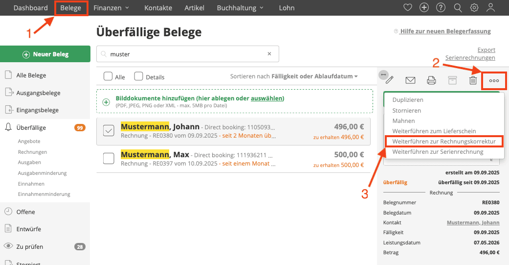 In Lexware Office über die drei Punkte an der Rechnung „Weiterführen zur Rechnungskorrektur